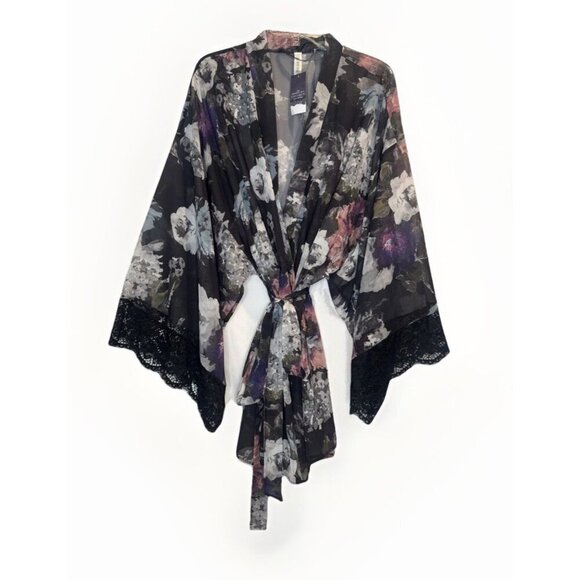 Cacique Other - Cacique Womens Robe Tie Waist Black Pink Floral Kimono Lace Sleeves Sz 18/20 NEW